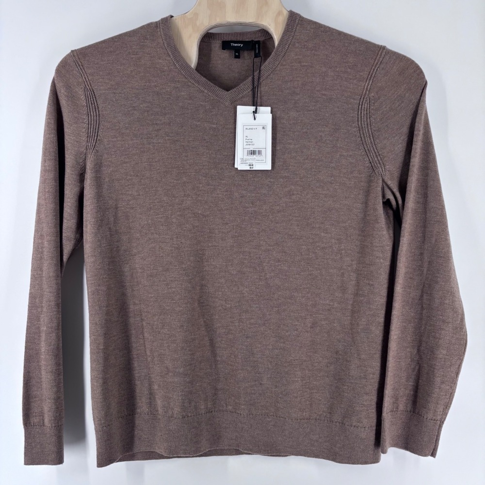 Theory V-Neck Sweater Mens XL Praline Brown Merino Wool Riland New NWT Luxury